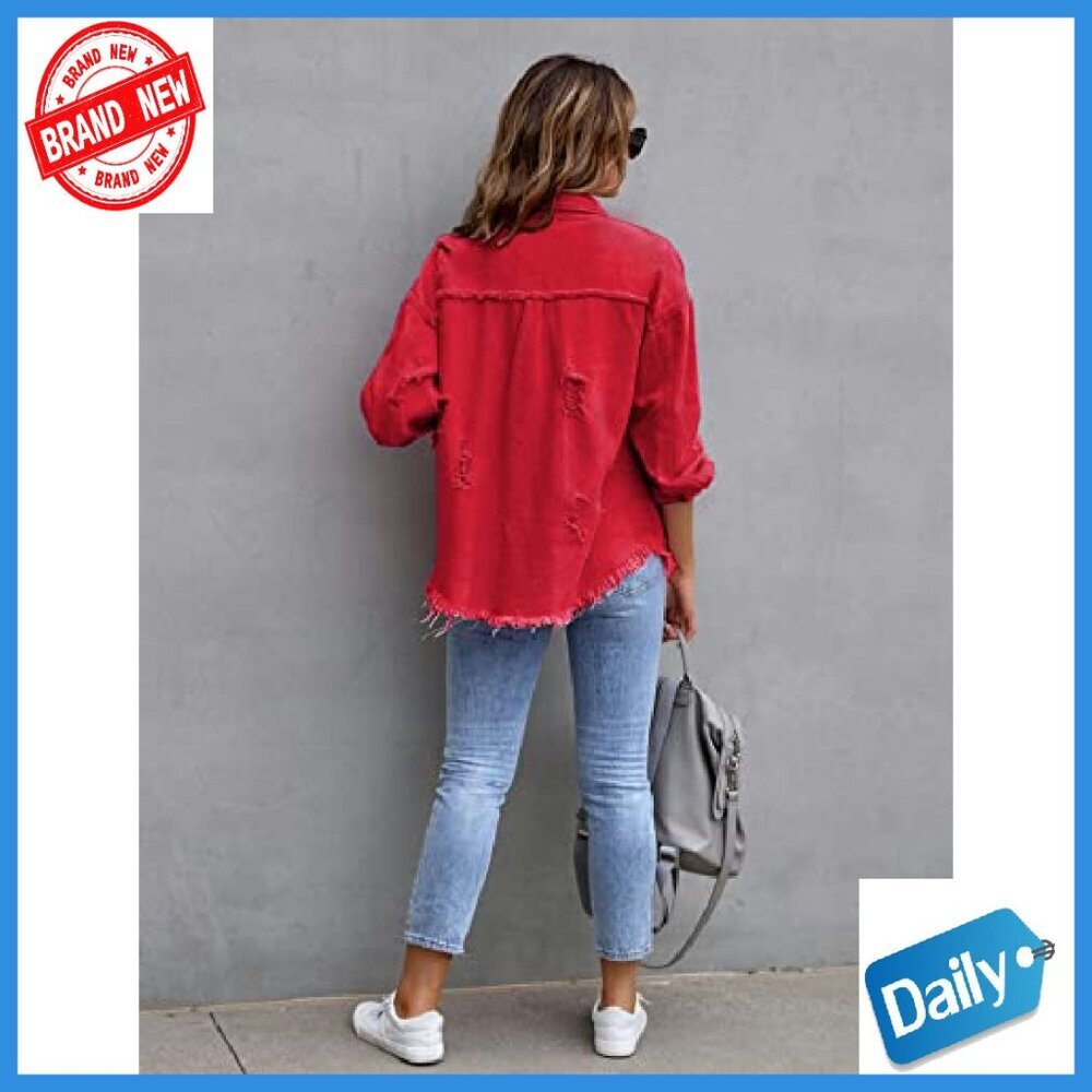 Oversized Ripped Denim Jacket Frayed Hem Button Front Boyfriend Shacket - Picture 3 of 5